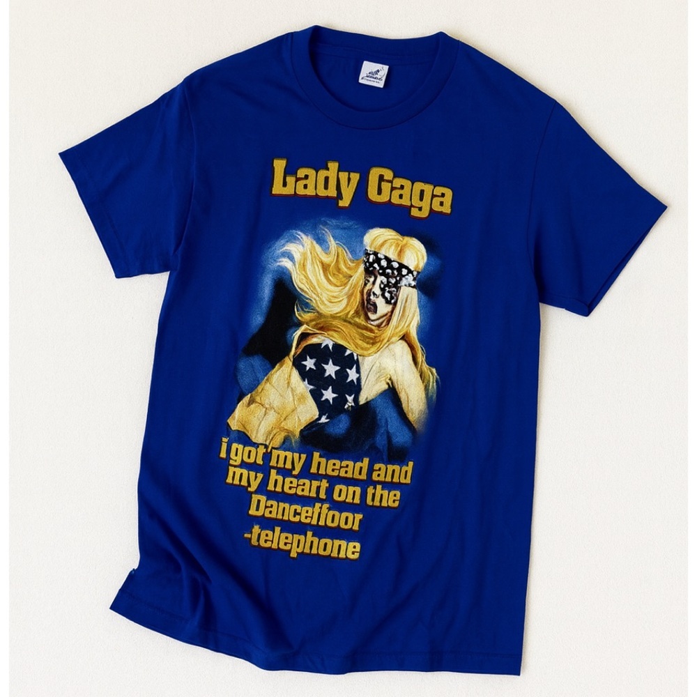 * Lady Gaga Blue USA Telephone 2010 Vintage Shirt RARE Size Large Short Sleeve